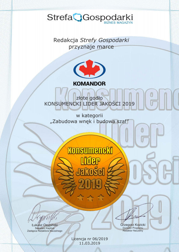 Konsumencki lider jakości 2019 certyfikat