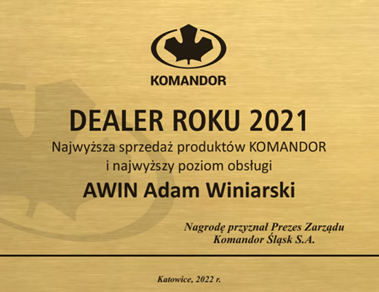 Wyróżnienie Dealer Roku 2021 otrzymane przez krakowski salon meblowy Komandor AWIN Adam Winiarski