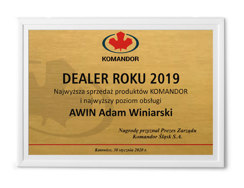 Wyróżnienie Dealer Roku 2019 otrzymane przez krakowski salon meblowy Komandor AWIN Adam Winiarski